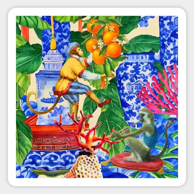 Monkey picking oranges chinoiserie watercolor Sticker by SophieClimaArt